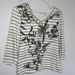 WEEKENDS by CHICO'S V-Neck Tee 3/4 Sleeve Womens S (0) Striped Floral Stretch